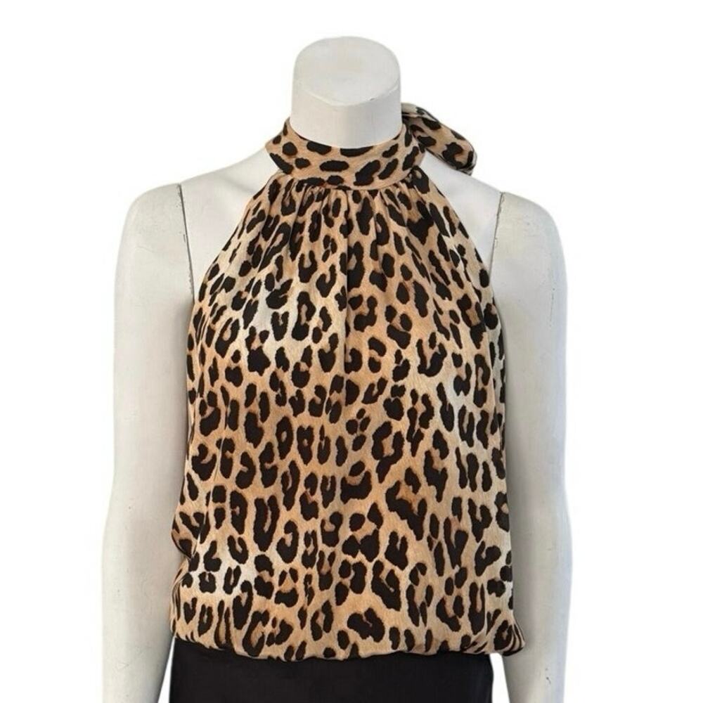 alice + olivia Blouse Women's Small Maris Halter Neck Leopard Tie Silk